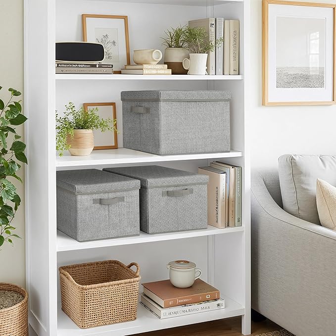 GRANNY SAYS Fabric Boxes with Lids, Storage Bins with Handles, Shelf Bins for Organizing, Extra Large Storage Boxes for Linens Clothes, Decorative Storage Containers, Gray, 3-Pack
