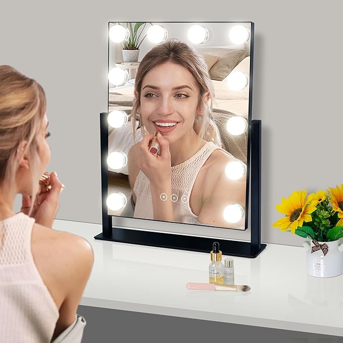 Vanity Mirror with Lights,Lighted Vanity Mirror with 12 Dimmable Bulbs for Dressing Room & Bedroom,3 Color Lighting,Modes Detachable 10x Magnification 360°Ratation