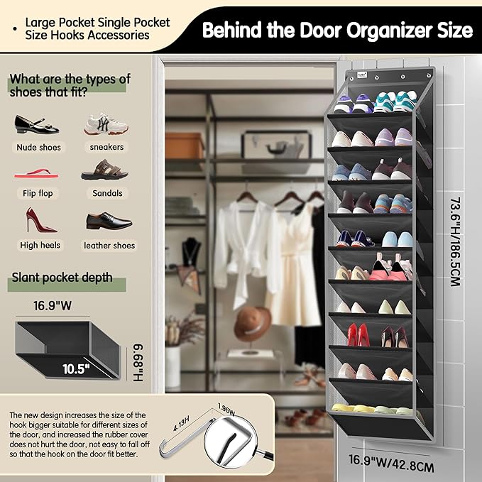10 Tier Over The Door Organizer - Heavy Duty Hanging Storage Rack with Sturdy Oxford Fabric, Holds 20+ Pairs of Footwear, Boots & Sneakers, Saves 50% Closet Space (Black)