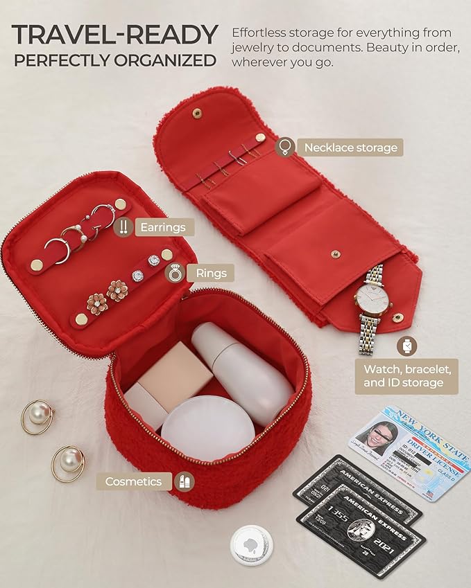 Travel Jewelry Case, 2-In-1 Small Jewelry Organizer Travel Jewelry Storage with Foldable Jewelry Roll for Earrings Rings Makeup, Travel Essentials Gifts for Women Girl, Carmine