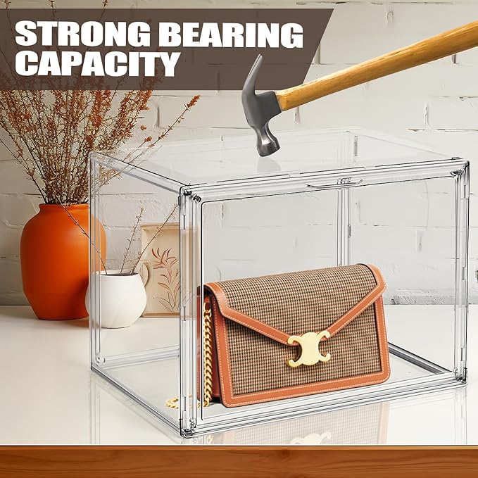 10 Pack Purse Organizer for Closet, 14.1''x8.6''x10.9 '' Clear Acrylic Display Case with Magnetic Door, X-Large Plastic Stackable Handbag Organizer for Collectibles, Figures, Size 14 Shoes, Cosmetic