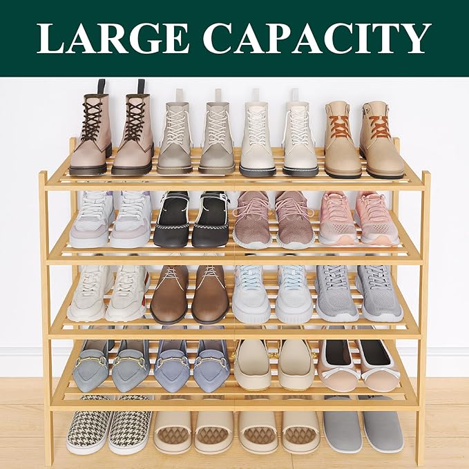 Smiry Long Bamboo Shoe Rack 4-Tier, Stackable Wooden Shoe Organizer for Entryway & Closet, Free Standing Wood Shoe Storage Shelf for Front Door & Small Spaces, Natural