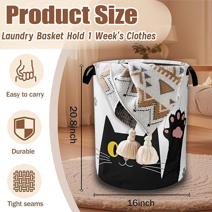 Black Cats Laundry Hamper,Collapsible Laundry Baskets Waterproof Oxford Cloth With Handles,Clothes Storage Bucket Toy Organizer For Bathroom/Nursery/Bedroom 16" x 20.8"