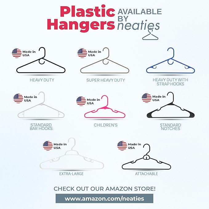 Neaties Super Heavy Duty Clothes Hangers 50 Pack (54 Count) – Made in The USA - 10lb Capacity, Thick Plastic Hangers for Pants, Coats, Jackets, Jeans and Adult Clothing – White