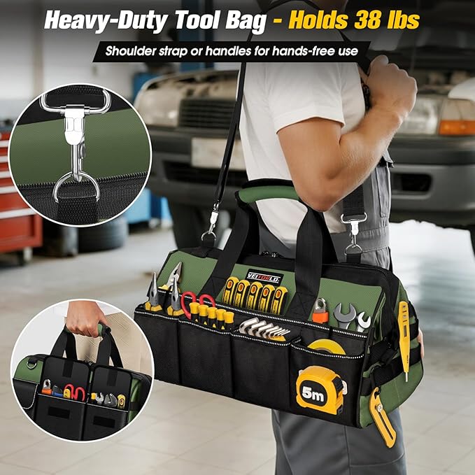 Heavy Duty Tool Bag 16-Inch - 19 Pockets Tool Organizer, Portable Electrician Toolbox W/Soft Handle, Gifts for Him Men Husband Boyfriend Mechanic Engineer Valentines Day, Wide Mouth Tool Box Storage