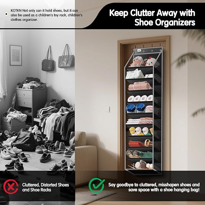 10 Tier Over The Door Organizer - Heavy Duty Hanging Storage Rack with Sturdy Oxford Fabric, Holds 20+ Pairs of Footwear, Boots & Sneakers, Saves 50% Closet Space (Black)