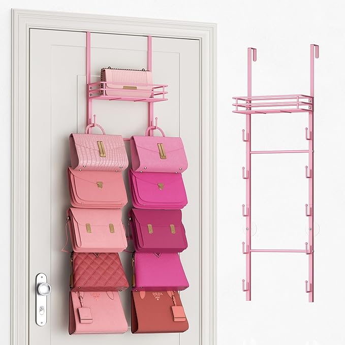 SWTYMIKI Over The Door Purse Organizer - Wall Mounted Handbag Organizer with 10 Hooks and Metal Basket, Hanging Purse Storage Rack Holds up to 10 Bags, Bag Rack Can Use As 1/2 Part, for Door, Closet