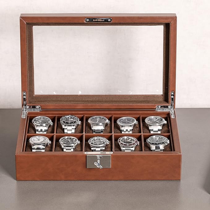ROTHWELL 10 Slot Leather Watch Box - Luxury Case Display Jewelry Organizer - Locking Watch Display Case Holder with Large Glass Top - Box Organizer for Men and Women (Tan/Brown)