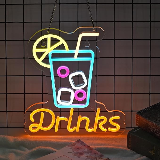 Drinks Neon Sign for Wall Decor Cool Drink Cup LED Light up Sign Cold Drinks Cocktail 3D Art Wall Lights for Home Bar Club Party Restaurant Cafes, USB Powered 12.6" x 11"