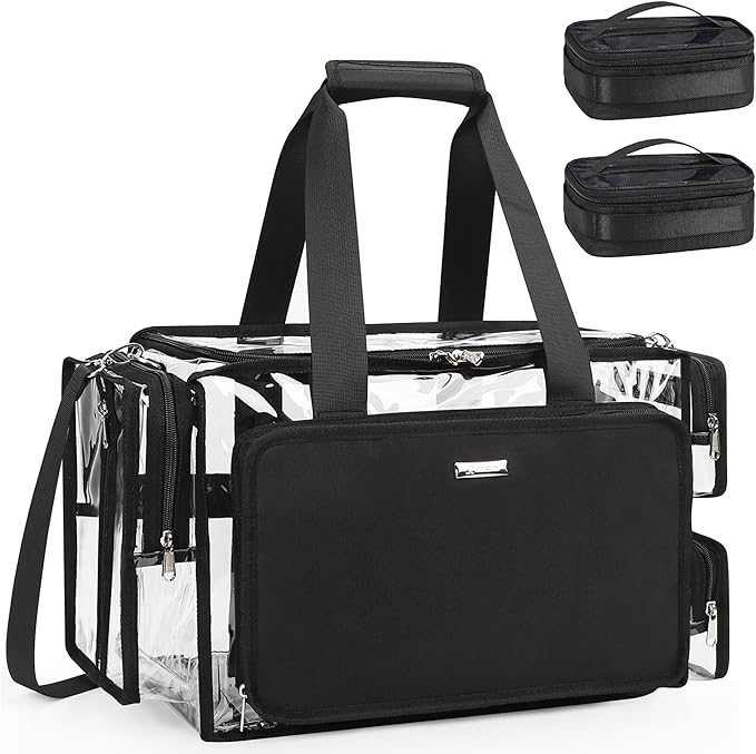 Relavel Clear Makeup Bag with 2 Small Pouches, Professional Makeup Artist Kit Set, Portable Cosmetic Storage Organizer Hair Stylist Travelling Bag with Adjustable Dividers & Shoulder Strap