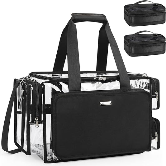 Relavel Clear Makeup Bag with 2 Small Pouches, Professional Makeup Artist Kit Set, Portable Cosmetic Storage Organizer Hair Stylist Travelling Bag with Adjustable Dividers & Shoulder Strap