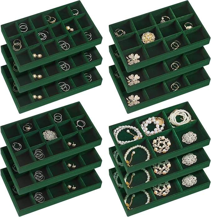 Junkin 12 Pcs Jewelry Tray Velvet Stackable Jewelry Organizer Trays Divided Earring Accessories Storage Containers Box (Rose Red)