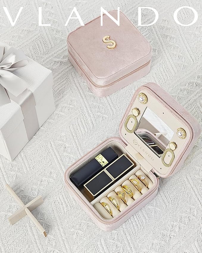 Vlando Valentines Day Gifts for Her, Travel Jewelry Case for Women, A Initial Jewelry Case, Mini Jewelry Travel Organizer Travel Essentials for Travel Gift Teen Girls - Letter A, Pink
