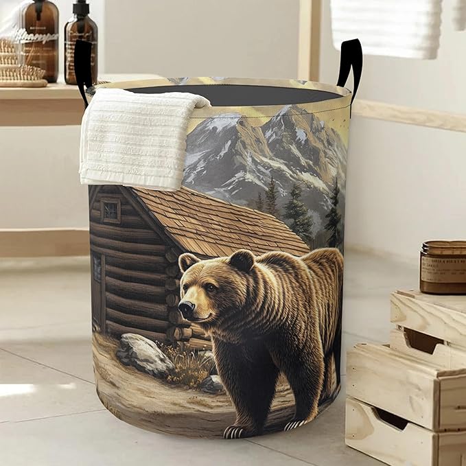 Cute Brown Bear Laundry Hamper Large Canvas Fabric Lightweight Storage Basket/Dirty Clothes Collapsible Waterproof for College Dorms, Boys and Girls Bedroom,Bathroom