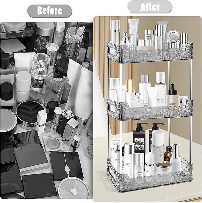 3-Tier Bathroom Counter Organizer Countertop Storage, Dresser Organizer Vanity Tray for Makeup, Perfume Organizer Cosmetics Skincare Shelf - Grey