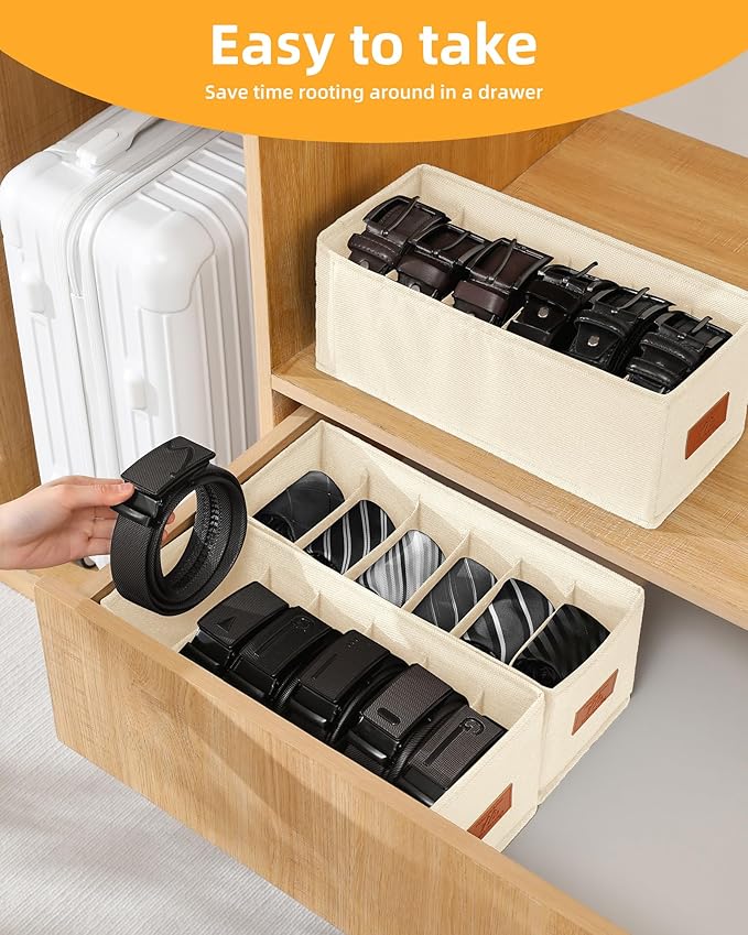 4 PCS Belt Organizer for Closet, 6 Grids Belt Holder, Washable Belt Box, Foldable Tie Organizer for Men, Belt Storage for Drawer (Beige, 13.38inch)