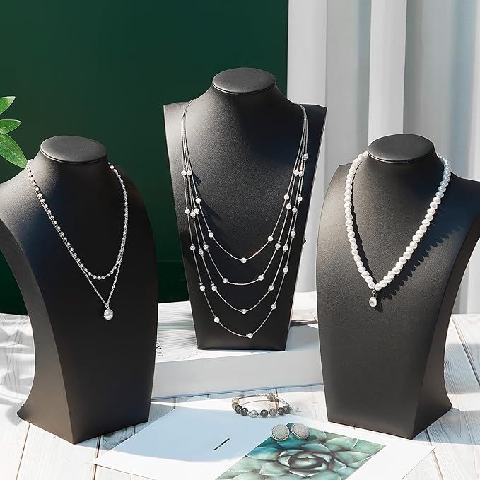 Kigley 3 Pcs Black PU Leather Jewelry Bust Display Necklace Display Stand Necklace Mannequin Holder for Jewelry Displays(11.42 x 6.89 Inch)