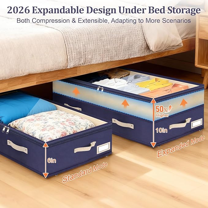 Dolicer 2 Pack Under Bed Storage with Wheels, 6in-10in Height Adjustable Underbed Storage Containers, 92L XXXL Under Bed Drawers Rolling Bin with Clear Lids for Dorm Shoes Clothes Organizers(Blue)