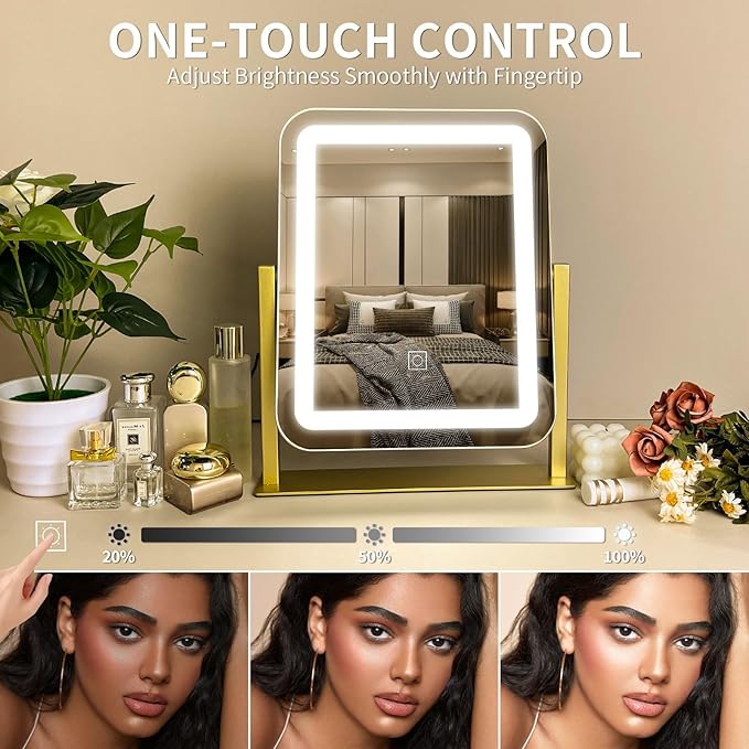 HNV 15"x13" Gold Vanity Mirror with Lights, Small LED Makeup Mirror for Desk, 3 Color Modes & Dimmable Touch Control, 360° Rotation Metal Frame, USB Plug-in Lighted Mirror for Bedroom, Dorm, Teen Gift