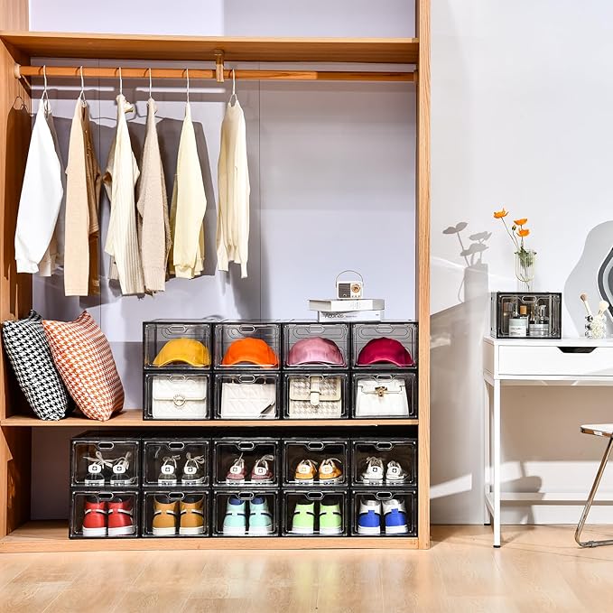 12 Pack Gray Transparent Shoe Storage Organizer, Stackable Shoe Boxes for Closet, Drop Front Plastic Shoe Box with Grey Door, Easy to Assemble, Fit up US Size 12(13.4”x 9.8”x 7.1”)