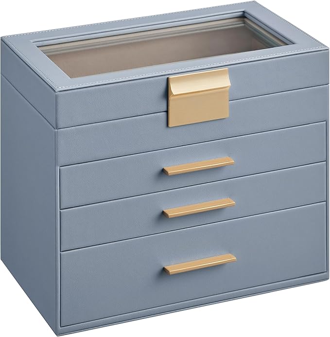 SONGMICS Jewelry Box Organizer with Glass Lid, 4-Layer Jewelry Storage, with 3 Drawers, Modern Style, 6 x 9.9 x 8.5 Inches, Smoky Blue and Gold Color UJBC161Q01