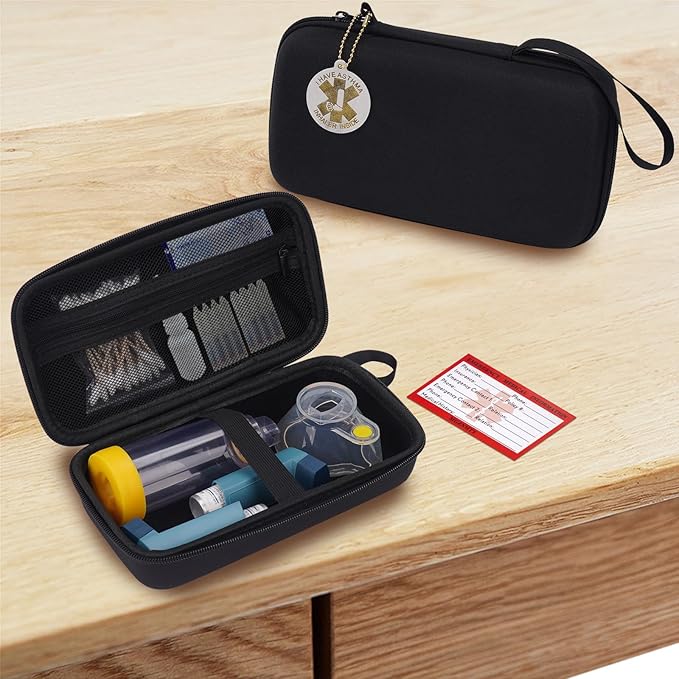 MGZNMTY Travel Carrying Case Compatible with Asthma Inhaler Spacer for Adults and Children, Masks, Inhaler Holder with Asthma Alert Tag and Medical Card, Carabiner (Only Case) (Black)