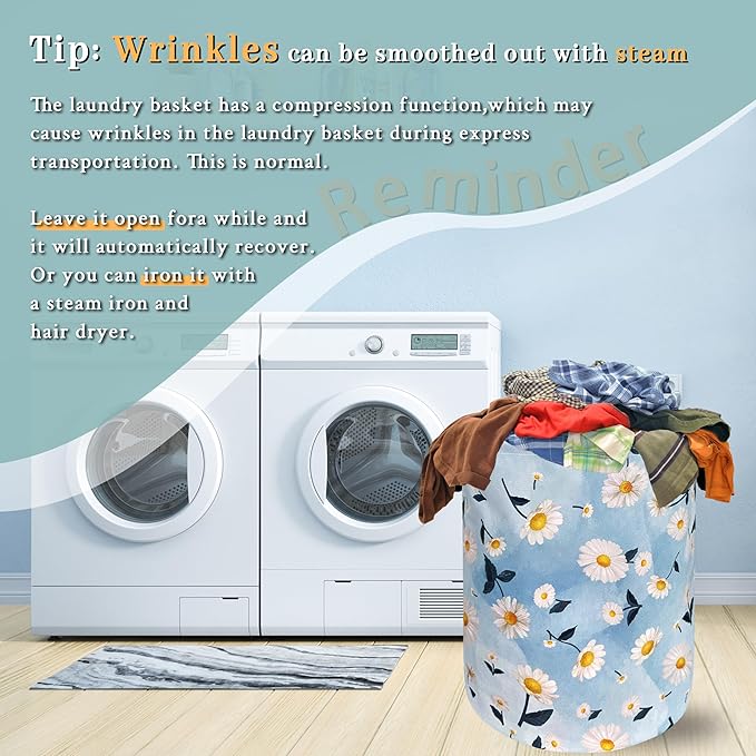 Cute Daisy Floral Laundry Hamper Foldable With Handles Flowers Tote Bag Oxford Cloth Colorful Laundry Basket Clothes Toy Storage Bucket 18.9" x 16.5" For Bathroom/Laundry/Bedroom