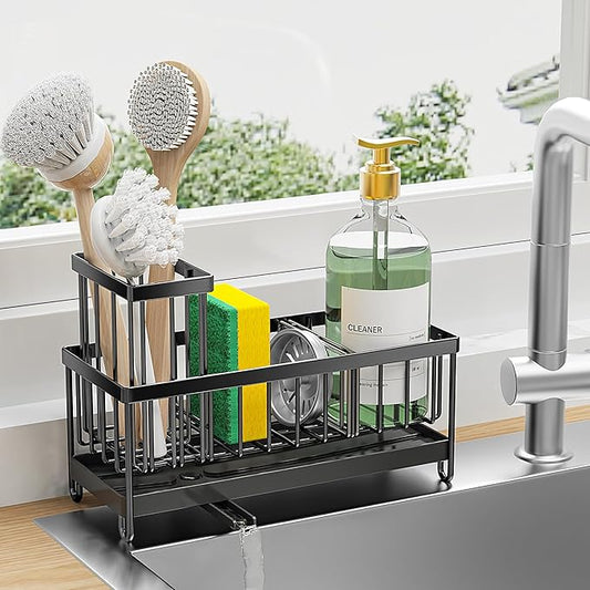 Cisily Sponge Holder for Kitchen Sink, Sink Caddy Organizer with High Brush Holder, Kitchen Countertop Organizers and Storage Essentials, Rustproof 304 Stainless Steel (Black, 9.25″)