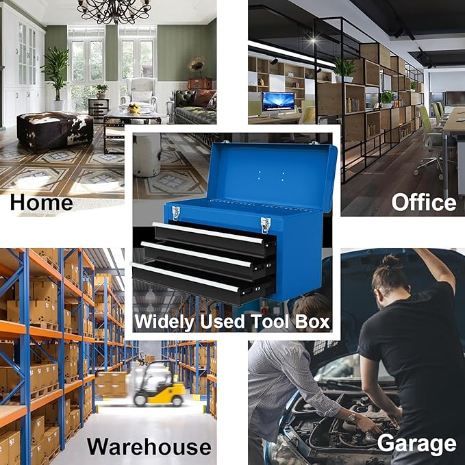 Metal Tool Box, 3-Drawer Tool Box with Carry Handle, 2 Latches & Liner, Portable Tool Chest Storage Box Organizer for Garage, Warehouse & Repair Shop (Blue)