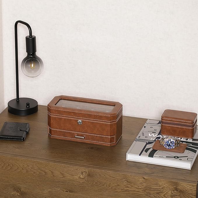 ROTHWELL 4 Slot Leather Watch Box with Valet Drawer - Luxury Case Display Jewelry Organizer, Locking Display Case Holder with Real Glass Top - Watch Box Organizer for Men & Women (Tan)