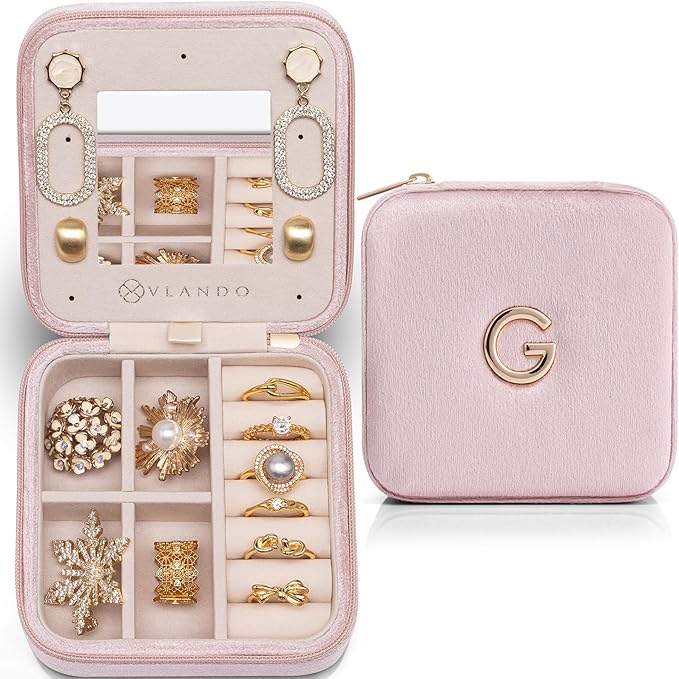 Vlando Valentines Day Gifts for Her, Bridesmaid Gifts for Women, Bridesmaid Proposal Gifts Unique Gifts, Wedding Travel Essentials Small Jewelry Box, Travel Jewelry Case - Letter G, Pink