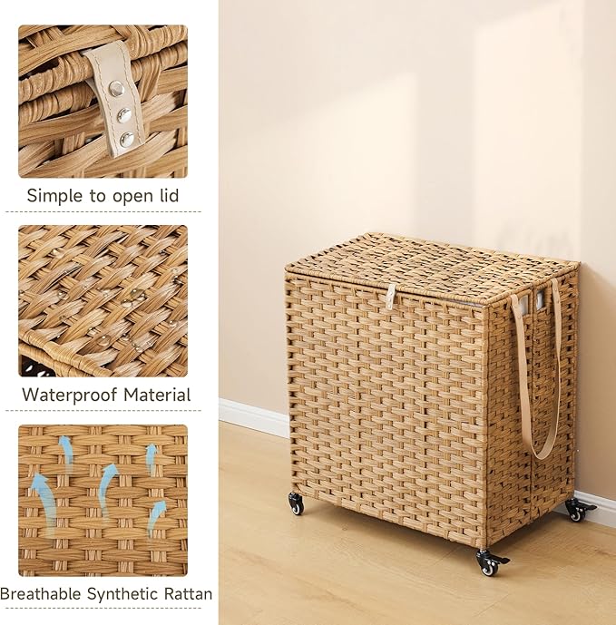 Laundry Hamper with Wheels, 39.6 Gallon(150L) Rolling Laundry Basket with Lid, Removable Large 2 Color Liners & 3 Mesh Laundry Bags, Clothes Hamper with Side Pocket, Natural