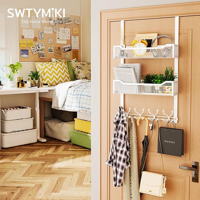 SWTYMIKI Over The Door Hook with 16 Hooks & 2 Mesh Baskets - Heavy Duty Over The Door Organizer Hanger for Towels, Coats, Clothes - Space Saving Hanging Rack for Bathroom, Living Room, White