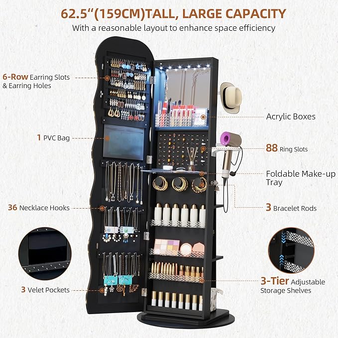 Vlsrka LED Mirror Jewelry Cabinet Standing, 360° Swivel Jewelry Aromire Organizer with Wavy Mirror, Lockable Jewelry Mirror with Storage, Jewelry Cabinet, Interior Mirror, Flodable Shelf, Black