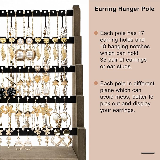 Pinzoveco Earring Organizer, 5 Layer Earring Holder Organizer with Necklace Holder Pole, Rustic Wood Jewelry Organizer Stand Display for Stud Earring Bracelet Necklace Ring, 175 Earring Holes
