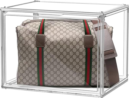1 Pack Extra XXX-Large Acrylic Purse Display Case 17.7''x13''x13'' Clear Purse Handbag Organizer Stackable Storage Bins with Dustproof Magnetic Door Acrylic Box for Shoes, Helmet, Boots, Figures