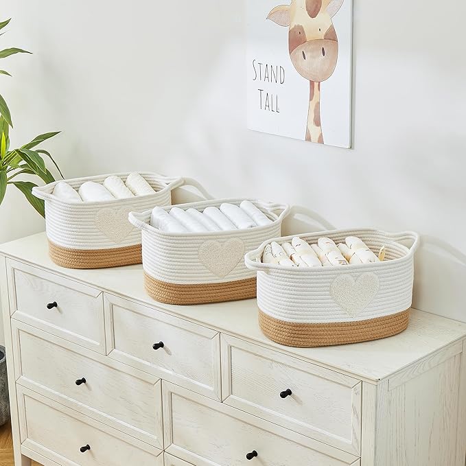 Storage Bins Woven Baskets for Storage Set of 3, Cotton Rope Basket with Handles for Toys/Shelves/Laundry, Rectangle Multi-Purpose Organizer for Living Room, Bedroom, Nursery (Heart)