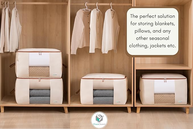 Canvas Storage Bags Designer Organizer for Comforters 2 Pack – Seasonal Storage for Pillows, Blankets, Linens & Garments – Foldable Design with Zip & Window, Moth-Proof Space Saver