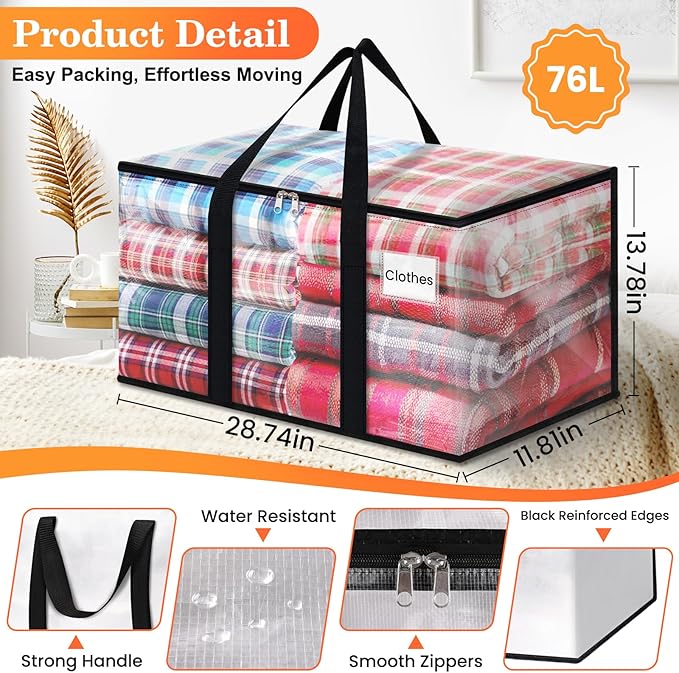 Extra Large Heavy Duty Moving Bags, Storage Bags with Strong Zippers & Handles, Packing Bags for Moving Essentials, Ideal Storage Tote for Home, Dorm & Storage Solutions, 76L-10 Packs, Clear