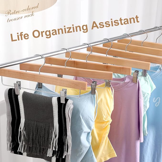 Sieral 30 Pack Wooden Pants Hangers with Clips Solid Wood Skirt Suit Coat Hangers with 2 Adjustable Clips 360 Degree Swivel Hook for Trousers Jeans Slacks Shorts Bottom, 14 Inch(Natural,Stylish)