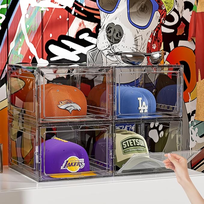 Hat Organizer Box for Baseball Caps, 8 Pack Clear Plastic Hat Storage Box Display Case with Magnetic Door, Caps Holder Rack for Closet, Snapback Organizer, Hold 8 Cap Each