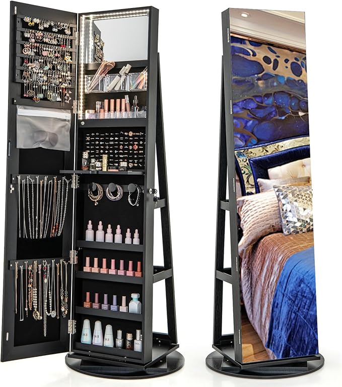 CHARMAID 360° Swivel Jewelry Armoire with Full Length Mirror, Rear Storage Shelves, Lockable Standing Jewelry Cabinet Organizer with Interior Vanity Mirror and 3-Color Lights (Black)