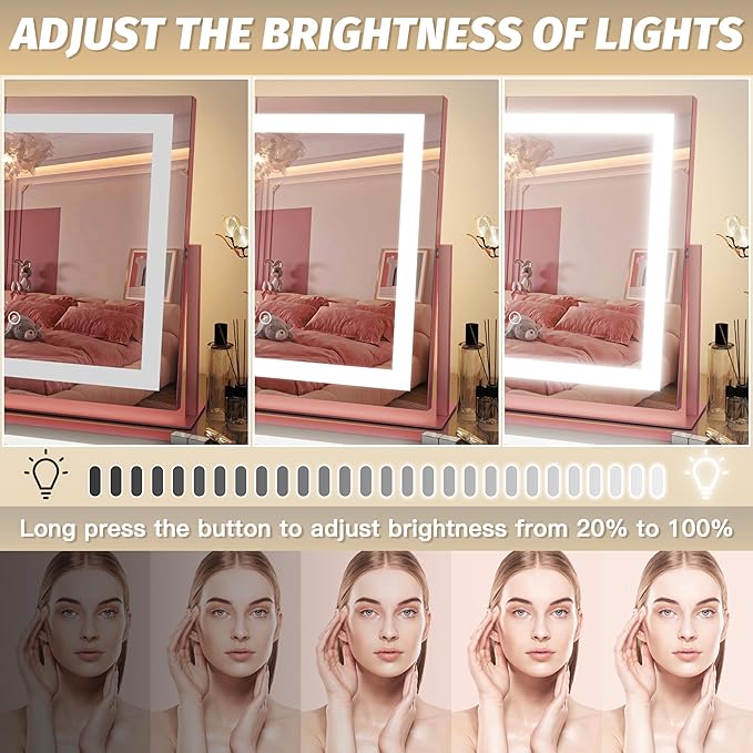FENNIO Vanity Mirror with Lights 22''x18'' Makeup Mirror with Lights,Lighted Makeup Mirror with 10X Magnification，Smart Touch Screen with 3-Color Lighting,Dimmable（Square Pink）