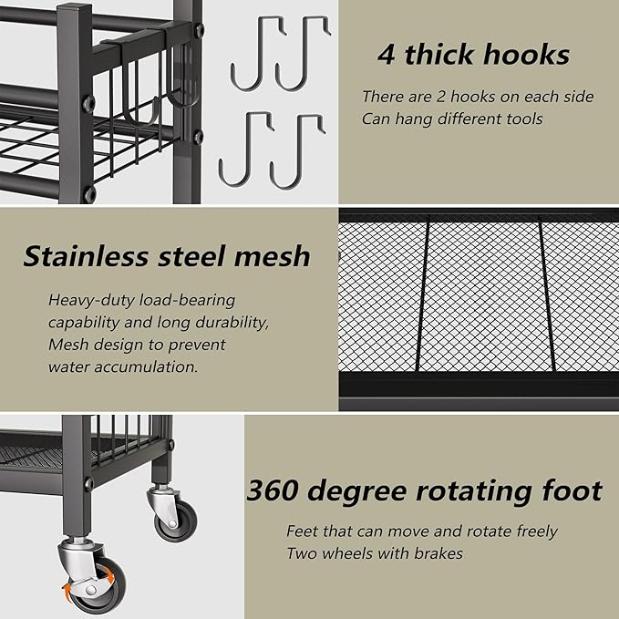 Garden Tool Organizer with Wheels for Garage and Shed, Spacious Tool Storage, Multi-Tier Design with Side Hooks for Rakes, Shovels, Brooms, and Yard Tools Rolling Cart