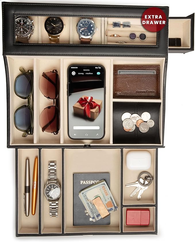 Mens Valet Box Organizer, Large Leather Valet Tray for Men, Mens Valet Tray Organizer with Charging Station, Mens Jewelry Box Organizer for EDC Valet Mens Accessories, Nightstand Bedside Dresser Top