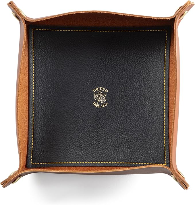 USA Handmade Premium Leather Valet Tray, Folds Flat! Dice Rolling Basket and Organizer with Brass Snaps (Chestnut and Blue Gold, Large)