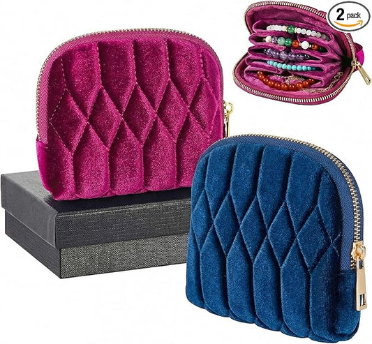 MTLEE 2 Pcs Small Travel Jewelry Case, Mini Soft Velvet Organizer Pouch for Bracelets, Large Earrings, Beaded Necklace, Portable Jewelry Bag Holder for Travel Everyday Use (Vintage)