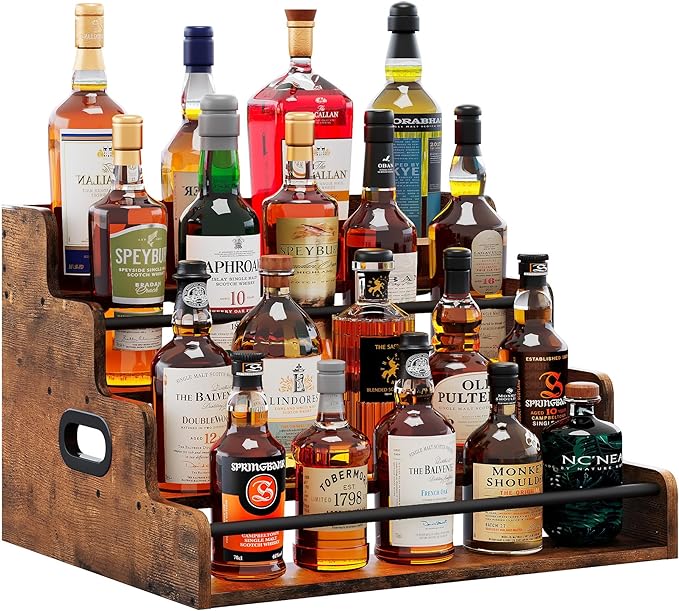 19.6”W x 15.74" D x 12.5" H Inches Versatile 4-Step Coffee Syrup & Water Bottle Organizer Rack Multi-Functional Retro Display Shelf for Kitchen or Bar, Holds Liquor & Spirits, Wooden