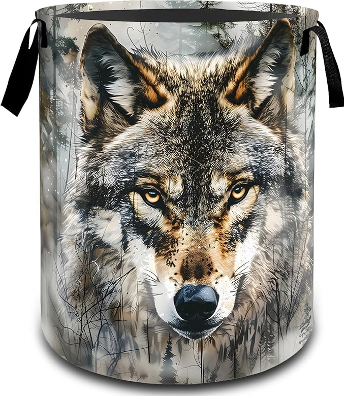 Majestic Realistic Wolf Laundry Basket, Dirty Collapsible Clothes Toy Organizer Hamper for Kids Adults, Oxford Cloth Waterproof Storage Bin for Bedroom Bathroom Forest Decor Gifts, 19.7"X15.7"