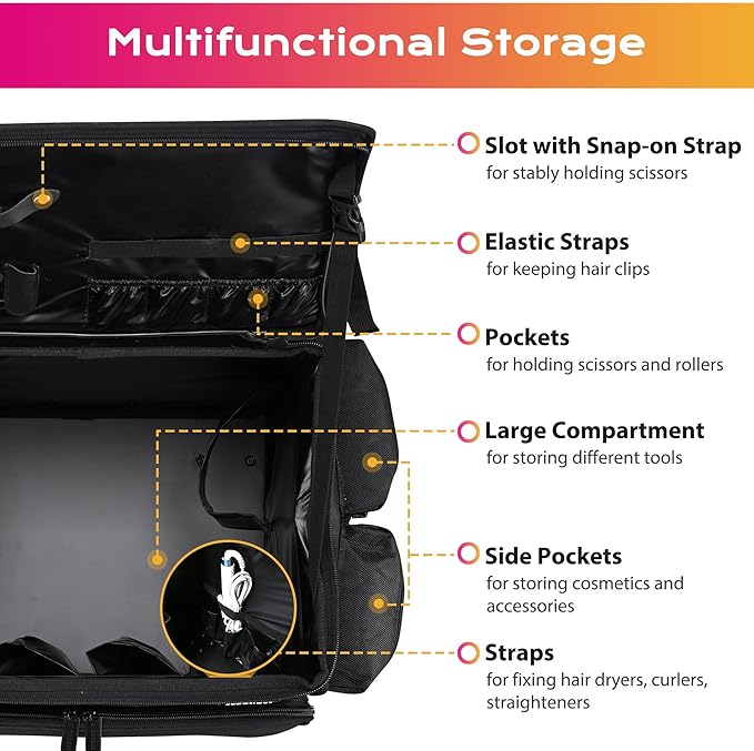 BYOOTIQUE 2in1 Soft Sided Rolling Makeup Train Case Travel Backpack For Hair Stylist Tools Curling Iron Straightener Salon Barber Shop, Black